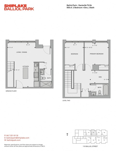 Floor plan for 2 beds, 2 baths, 956 sqft